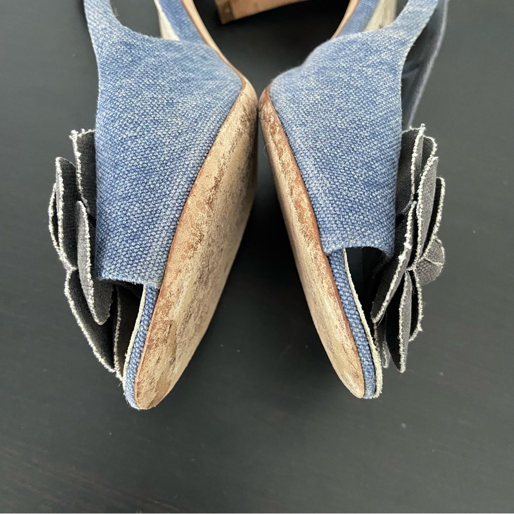 CHANEL Denim Camellia CC Logo Sandals Heels Open Toe Slingback 37.5 - Picture 12 of 16
